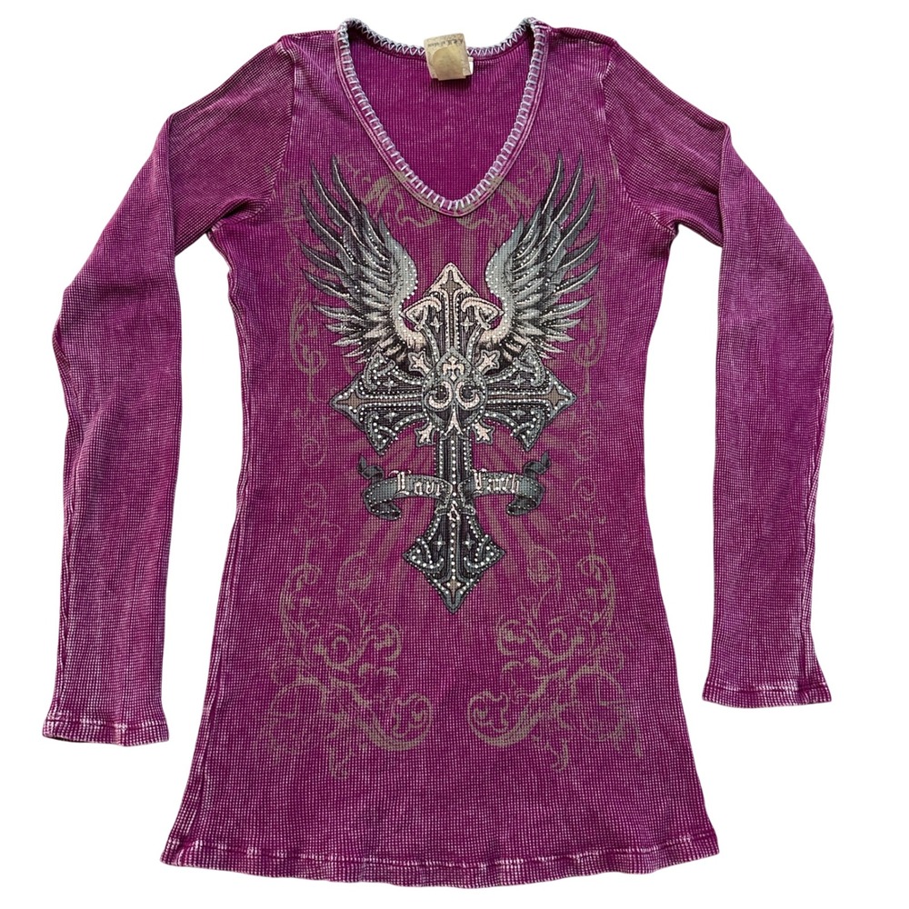 Vocal Purple Thermal Tunic Top Rhinestone Cross Wings Large Y2K Grunge Goth Rock - Picture 3 of 12